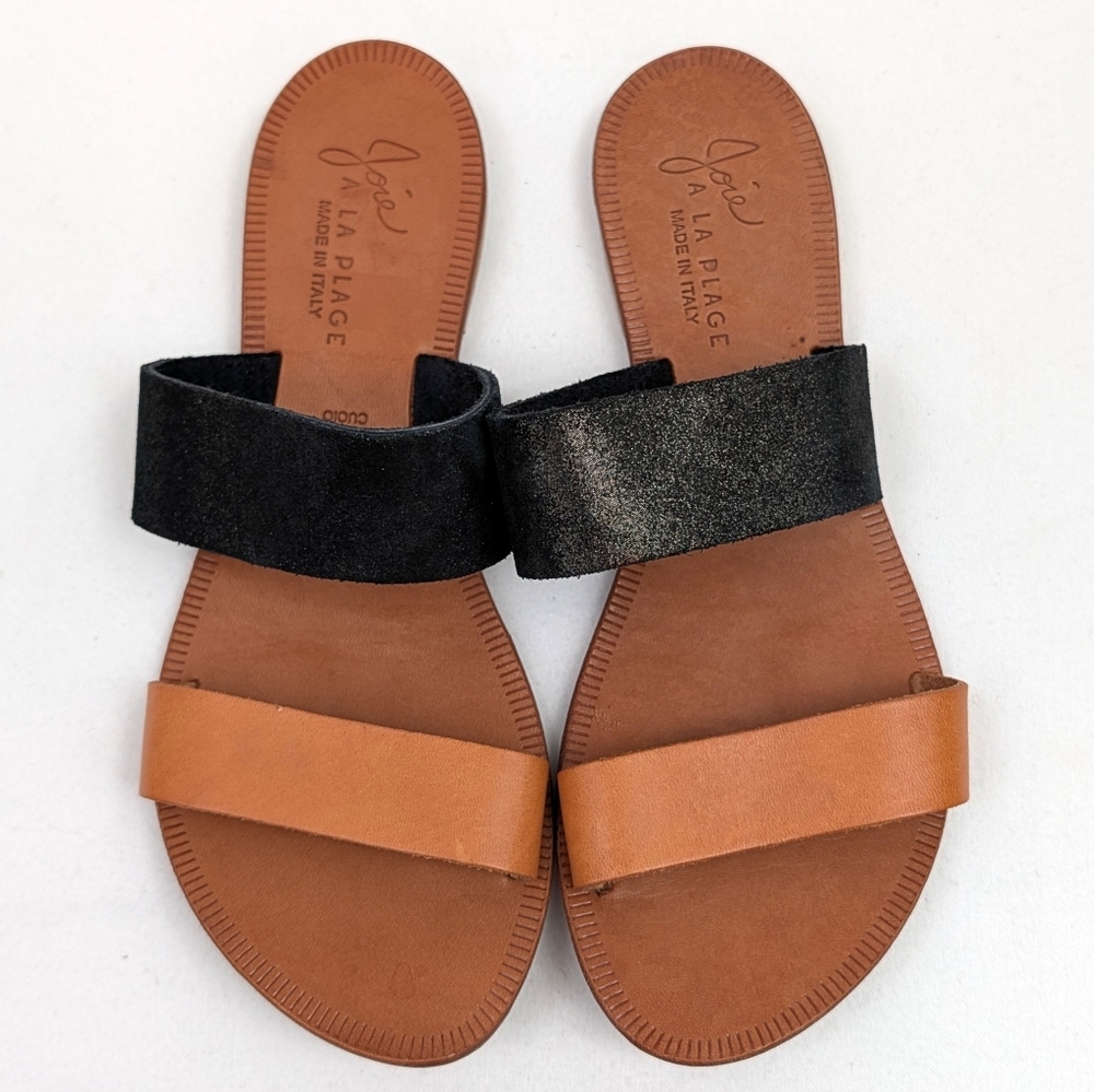 Joie Sable A La Plage Sandals Metallic Black & Tan Leather Slip On Italy 36.5